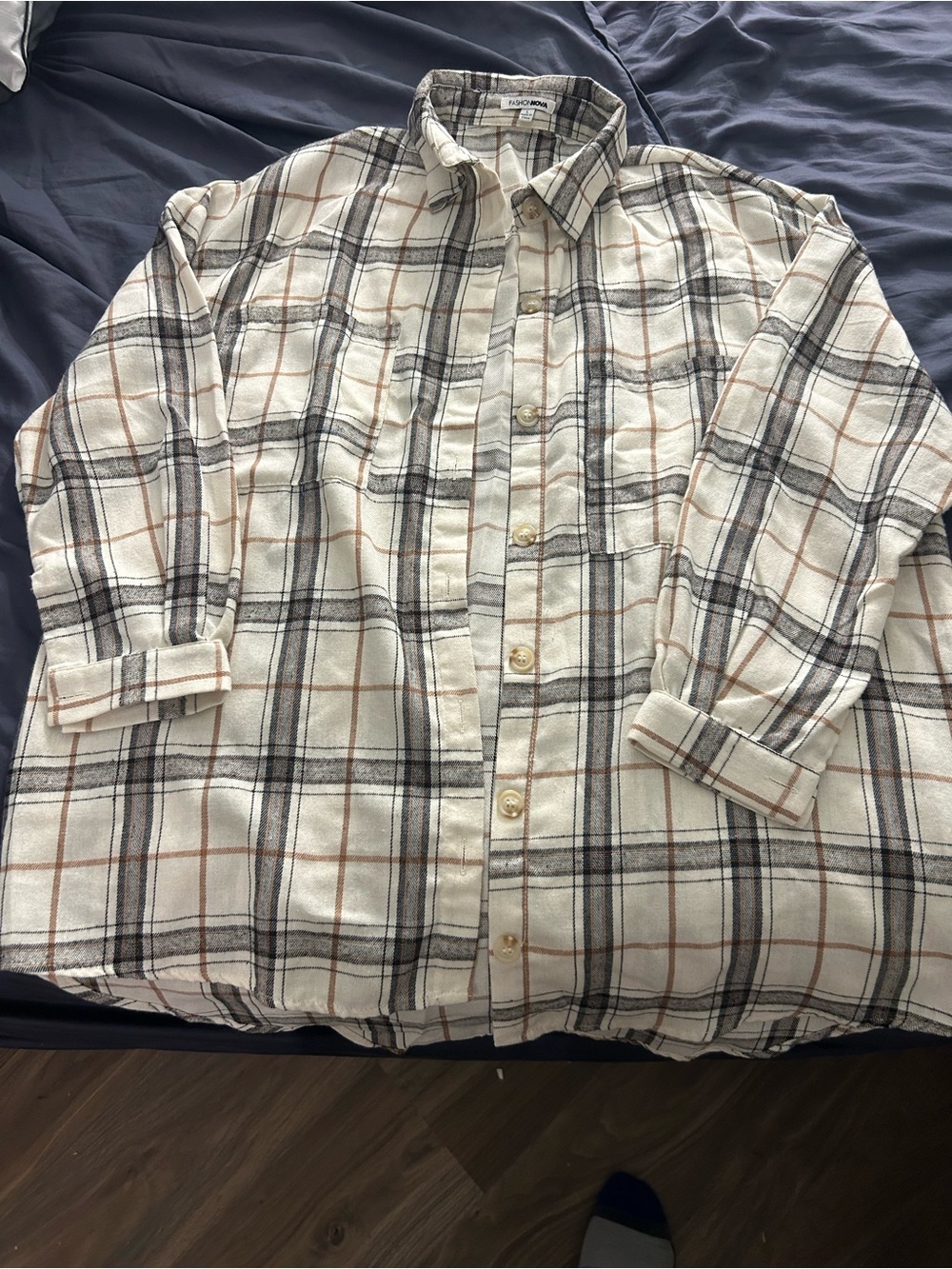 Fashion Nova Cream Plaid Button-Front Cardigan Shirt